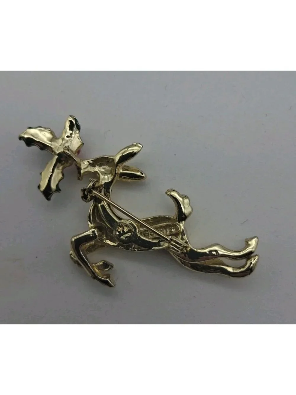 Vtg Reindeer Holly Brooch Pin Enamel Goldtone Jumping Rhinestone Christmas Gerry